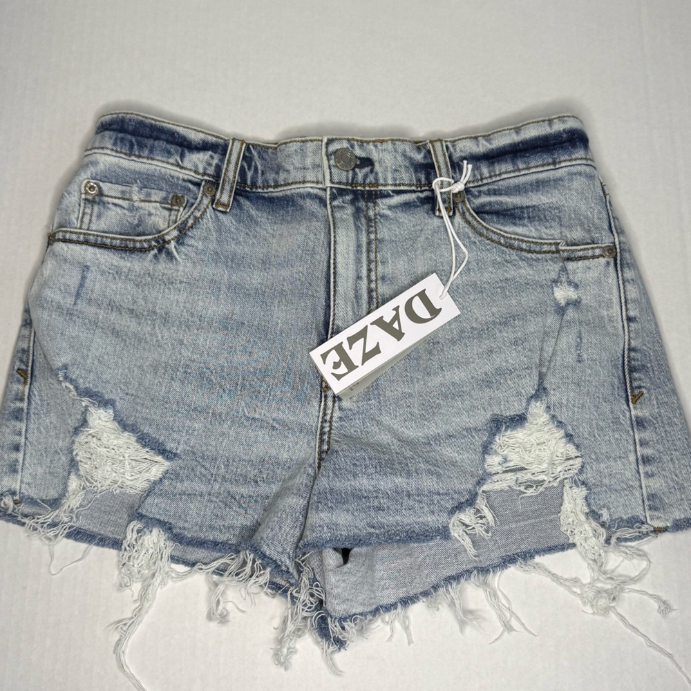 DAZE Light Blue Distressed High-Waist Denim Shorts